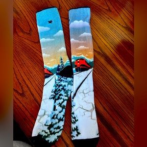 Scenery socks. Train. Trees. Winter. Men’s 9-12.